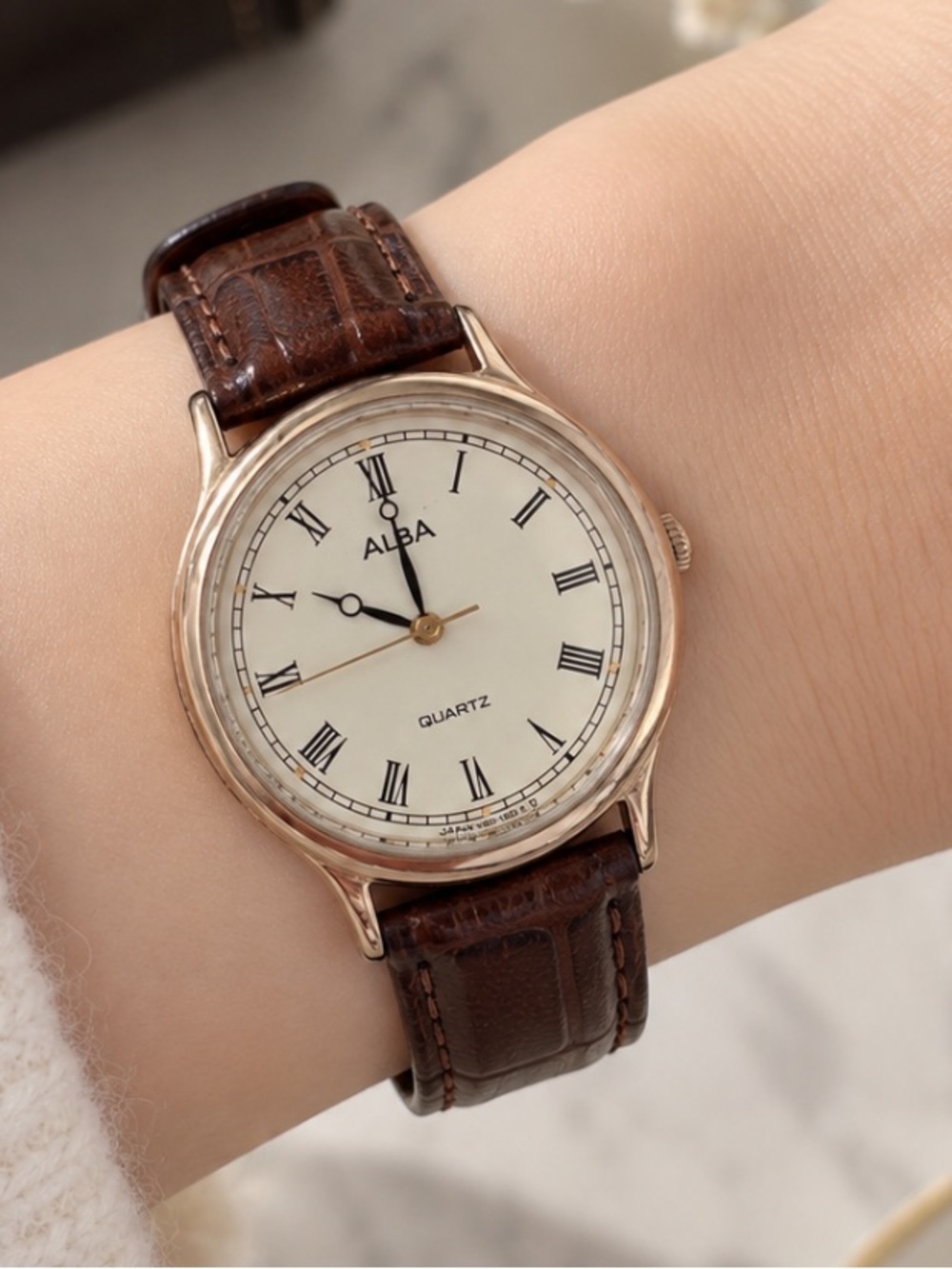 SEIKO Alba Women's Brown Leather Strap Watch with Cream Dial and Rose Gold Case